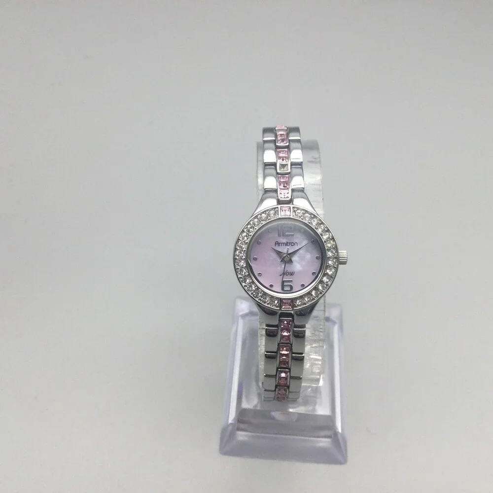 Armitron Now Womens Watch 22mm Pink MOP Crystals Silver Tone New Battery 7.25